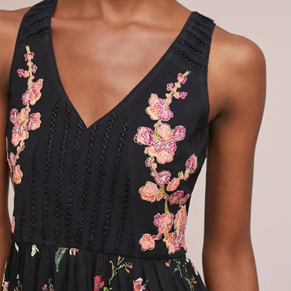 Maeve Black Dress with Pink Floral Embroidery